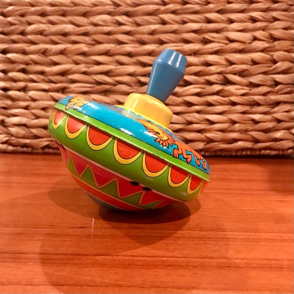 Vintage Metal/Tin Spinning Top w/ Colorful Cartoon Animals & Patterns—Works!